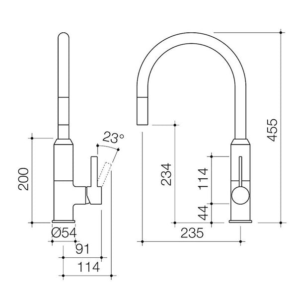 Dorf Vixen Retractable Sink Mixer Black Nickel - the blue space - specs - line drawing and dimensions