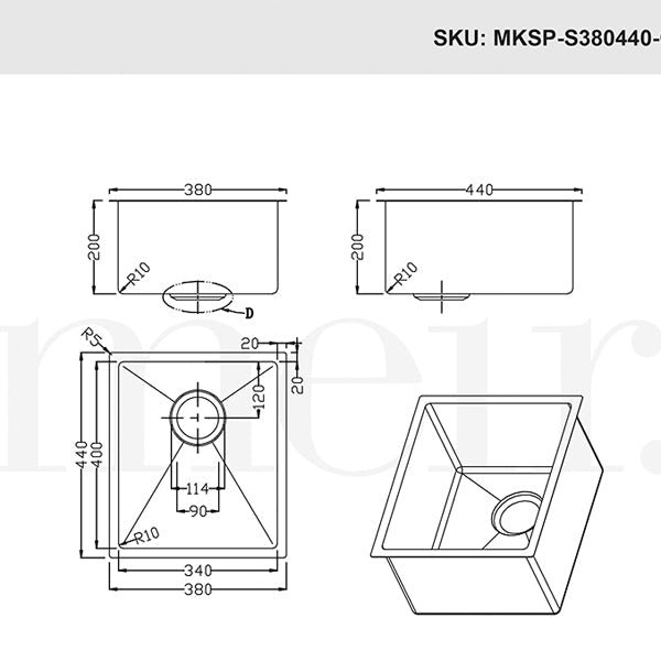 Meir Single Bowl PVD Kitchen Sink 440mm - Brushed Gun Metal Dimensions - The Blue Space