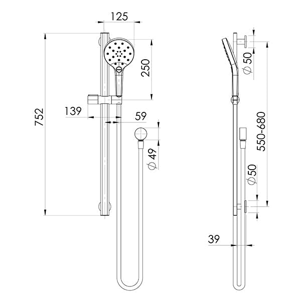Phoenix Tapware Oxley Rail Shower Technical Drawing - The Blue Space