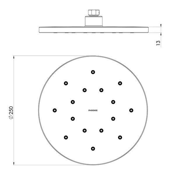 Phoenix Tapware Luxe XP 250mm Round Shower Rose Technical Drawing - The Blue Space