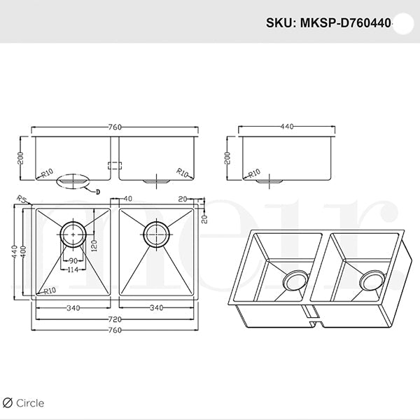 Meir Single Bowl PVD Kitchen Sink 760mm - Brushed Gun Metal Dimensions - The Blue Space