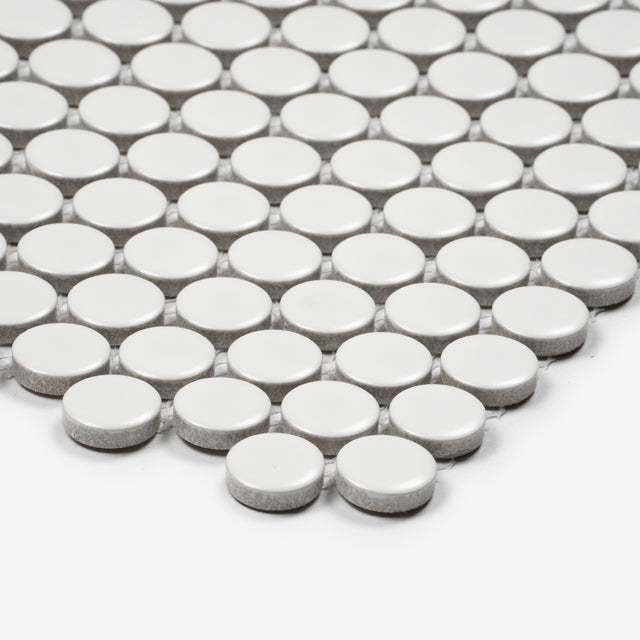 Mooloolaba Satin White Porcelain Penny Round Mosaic Tile 20x20mm | The Blue Space