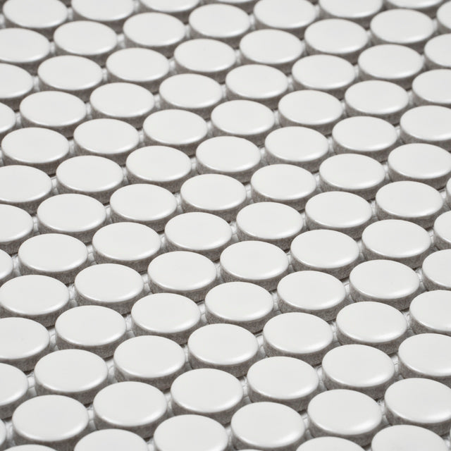 Mooloolaba Satin White Porcelain Penny Round Mosaic Tile 20x20mm | The Blue Space
