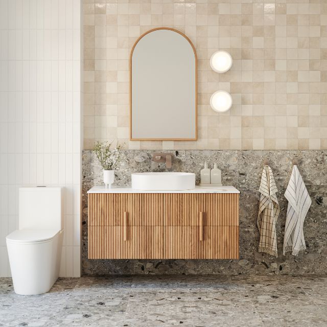 Bao Elegant Raised Height Rimless Back to Wall Toilet Suite in Matte White in Warm Neutral bathroom