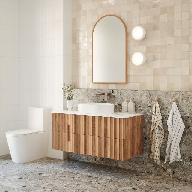 Bao Elegant Raised Height Rimless Back to Wall Toilet Suite in Matte White in Warm Neutral bathroom