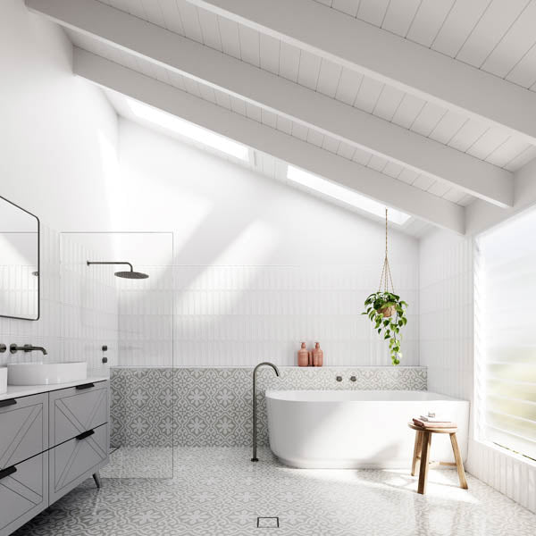 Radiant Tile Insert Linear Shower Grate Gun Metal Grey 600 - 900mm with Baö Elegant Back to Corner Bath - The Blue Space