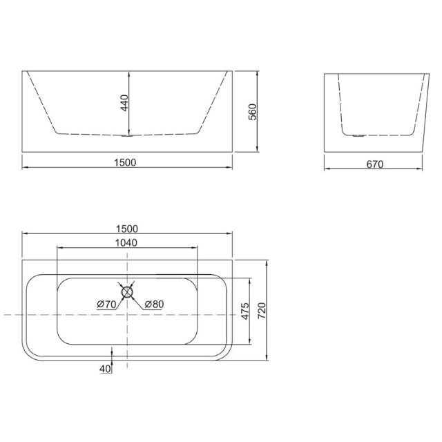 BelBagno Alto 1500 Freestanding Bath Technical Drawing - The Blue Space