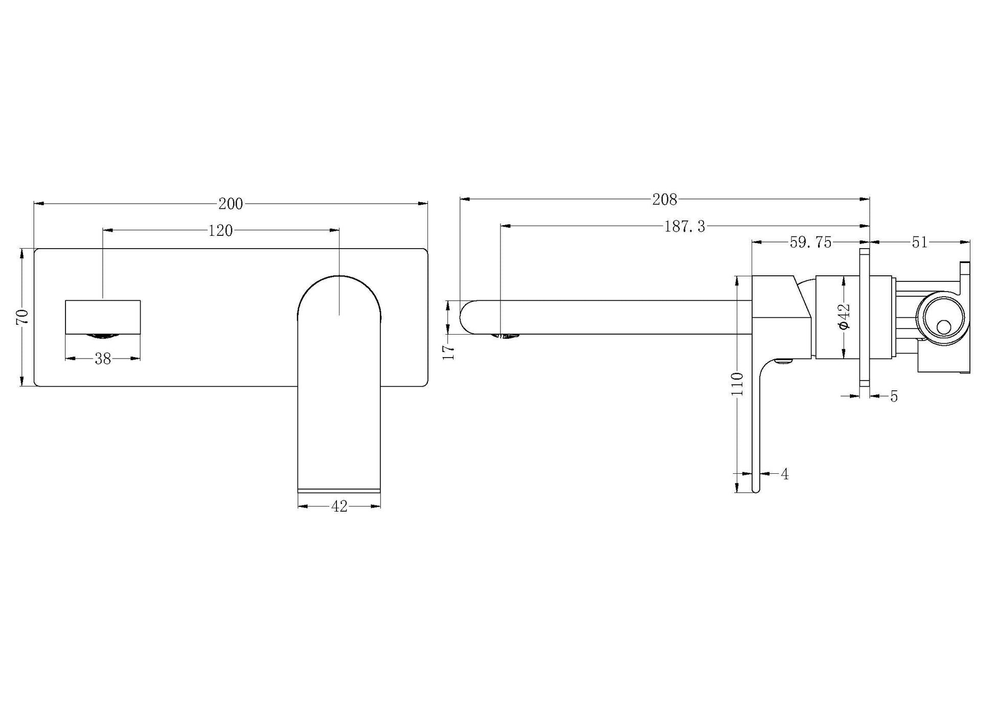 Technical Drawing: Nero Bianca Wall Basin Mixer Brushed Gold