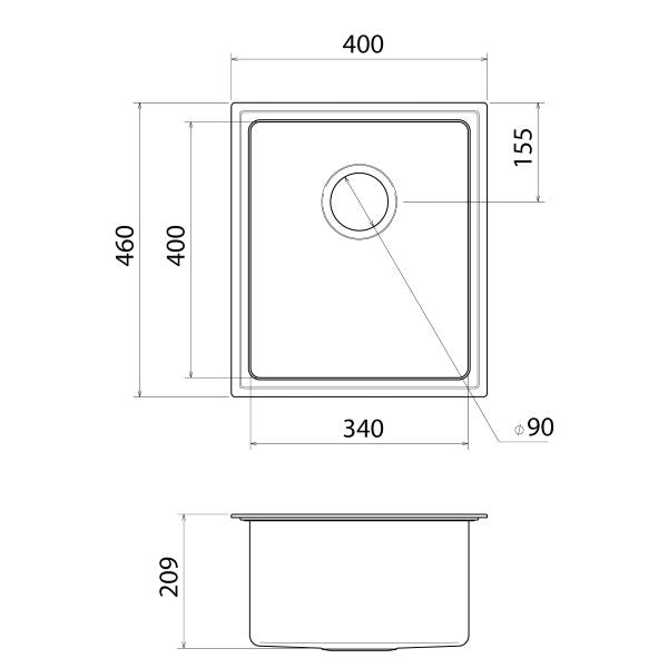The Blue Space Caroma Urbane II Single Bowl Sink Gunmetal - tech drawing