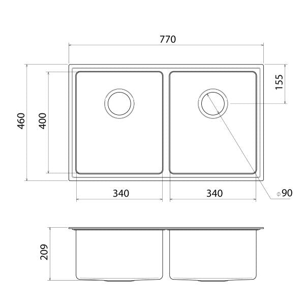 The Blue Space Caroma Urbane II Double Bowl Sink Brushed Brass - tech drawing