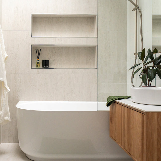 Cam and jules family bathroom collaboration with the blue space- Bao Elegant Back to Corner Bath