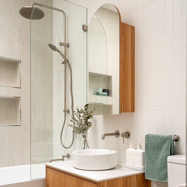 Cam and jules bathroom collaboration Ingrain Ash Arched Shaving Cabinet 400mm
