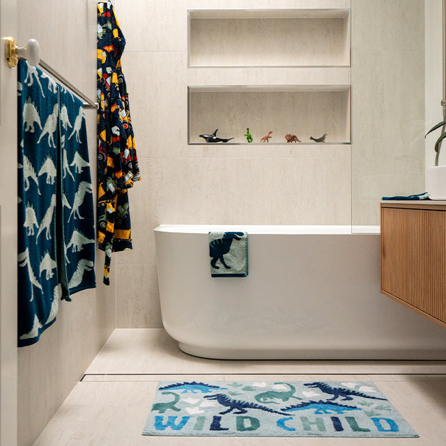 Cam and jules family bathroom collaboration with the blue space- Bao Elegant Back to Corner Bath, Nero brushed nickel mecca robe hooks