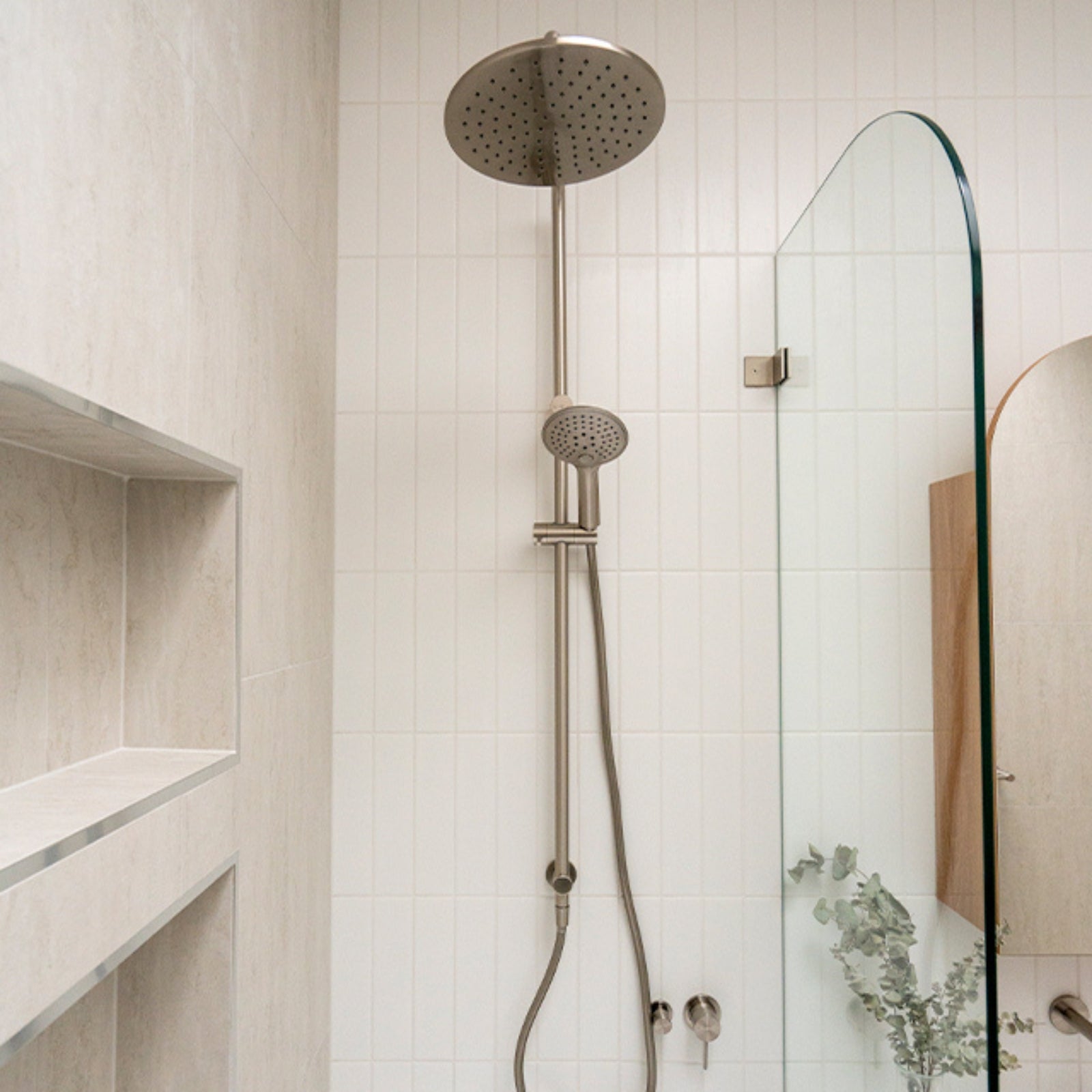 nero mecca brushed nickel shower and tapware | cam and jules family bathroom x the blue space