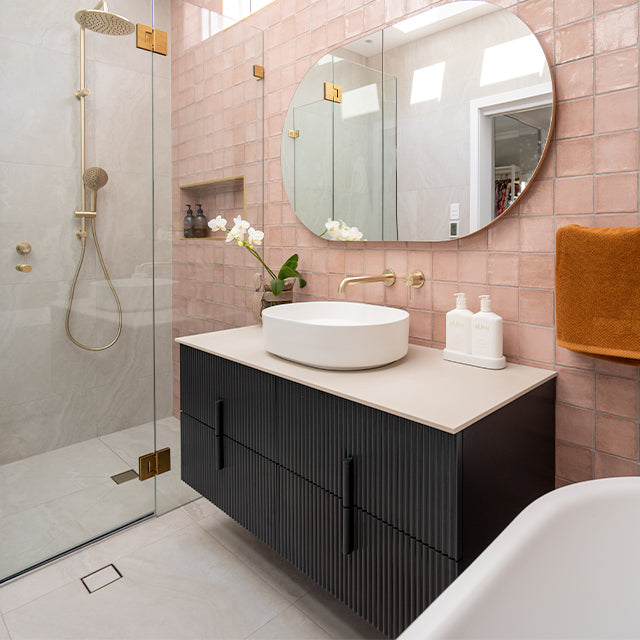 Bao Pill 500mm Above Counter Basin - Matte White and Nero Mecca Wall Basin/Bath Mixer Separate Back Plate 185mm Brushed Gold, Pink Dianna Tiles, Ingrain Contoured Vanity | The Blue Space x Cam and Jules Bathroom Collaboration