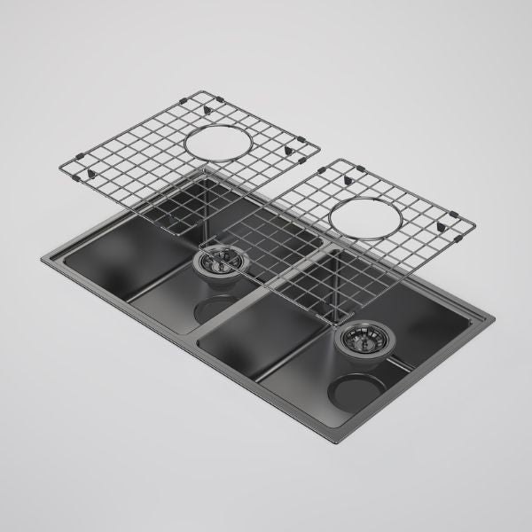 Caroma Urbane II Gunmetal Double Bowl Sink with Protective Grids and Basket Wastes Included