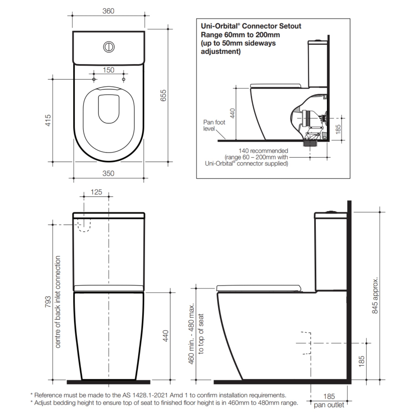 Caroma Urbane II Cleanflush Wall Faced Toilet Suite Technical Drawing - The Blue Space