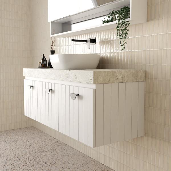 Marquis Chelsea Wall Hung Vanity with Dekton Top in White Matte painted finish, side view - The Blue Space