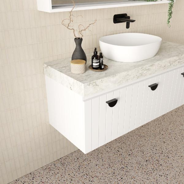 Marquis Chelsea Wall Hung Vanity with Dekton Top in White Matte painted finish, side view - The Blue Space