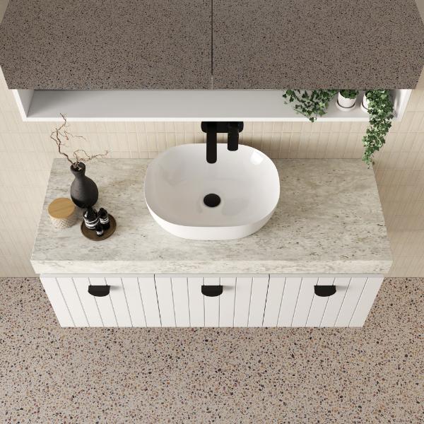 Marquis Chelsea Wall Hung Vanity with Dekton Top in White Matte painted finish, top view - The Blue Space