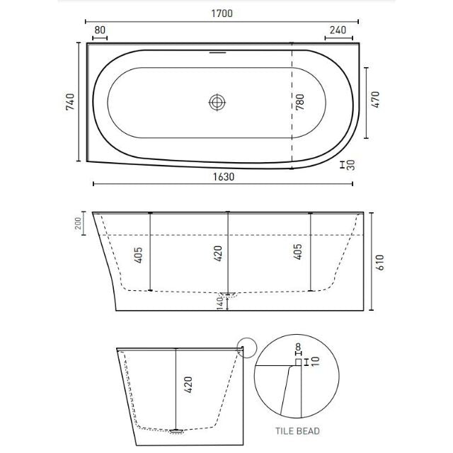 Decina Natalia 1700 Corner Freestanding Bath Tech Drawing - The Blue Space