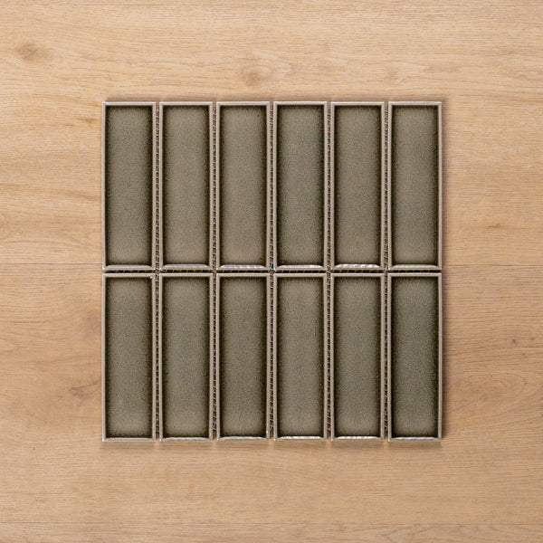 Palm Cove Taupe Gloss Crackle Porcelain Mosaic Tile 47x147mm Vertical - The Blue Space