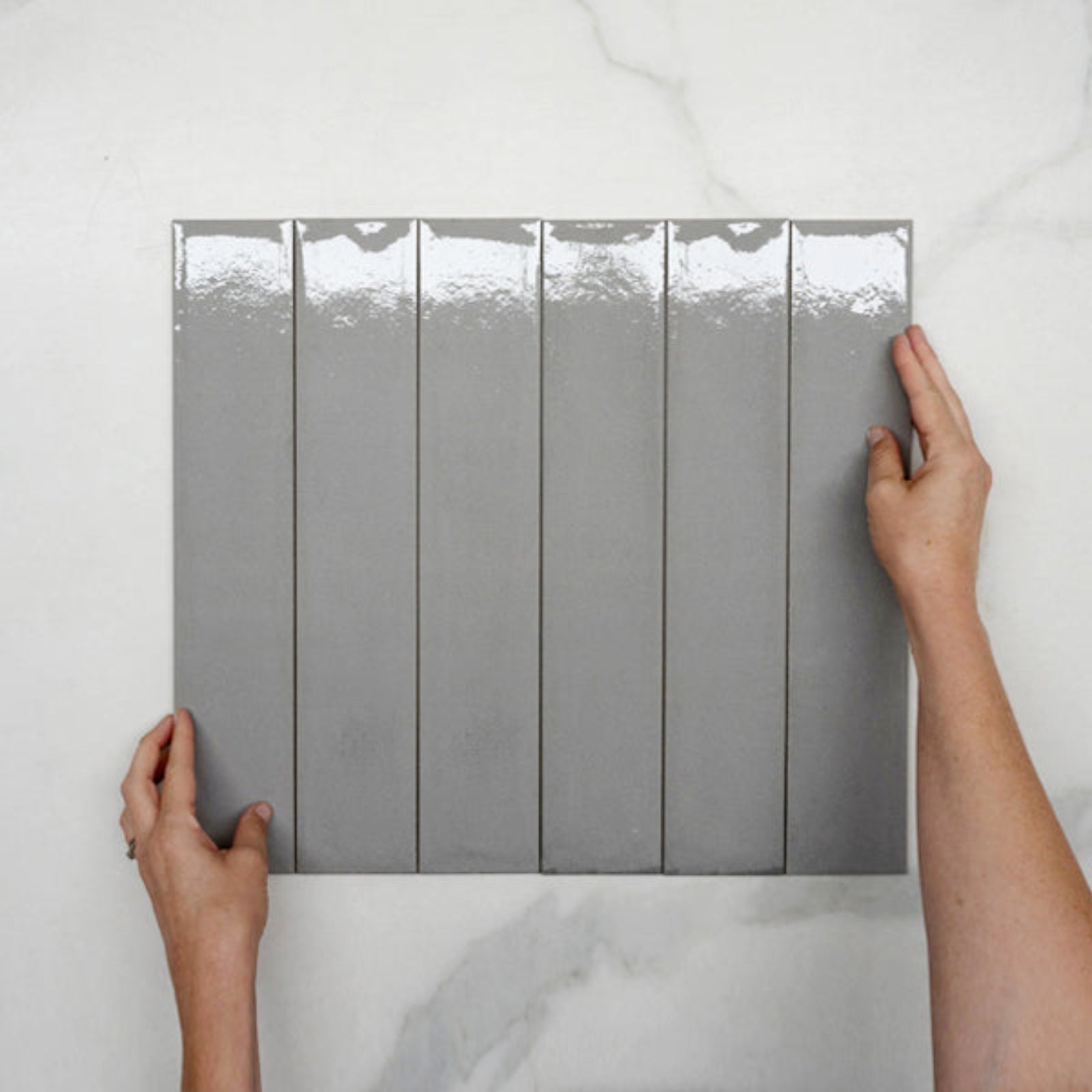 Pattern With Hand Grigio Theo Subway Tile 75 x 400mm Italian Porcelain - The Blue Space