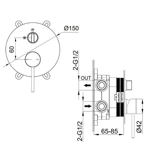 Technical Drawing - Indigo Alisa Bath/Shower Mixer With Diverter Chrome US5511CH
