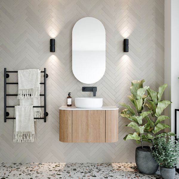 Ingrain Ash Woodgrain Pill Shaped Shaving Cabinet IGPMC450 in nature inspired bathroom. Shop shaving cabinets online at The Blue Space