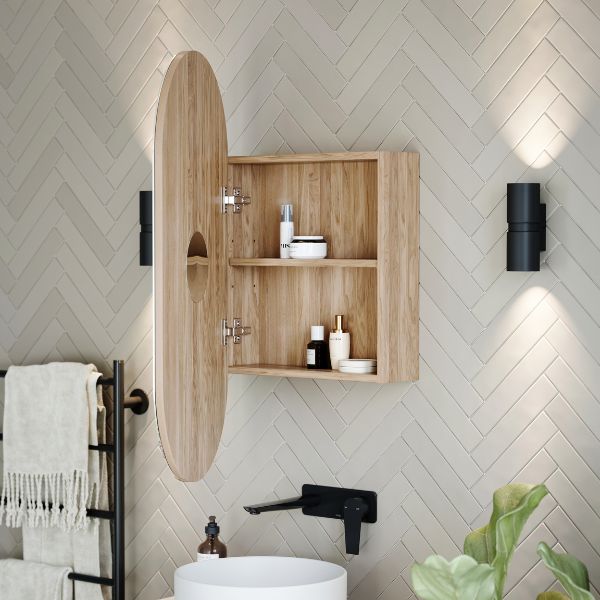 Ingrain Ash Woodgrain Pill Shaped Shaving Cabinet IGPMC450 with door open. Shop shaving cabinets online at The Blue Space