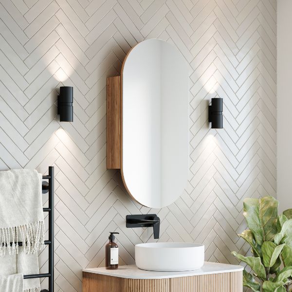 Ingrain Ash Woodgrain Pill Shaped Shaving Cabinet IGPMC450 side view. Shop shaving cabinets online at The Blue Space