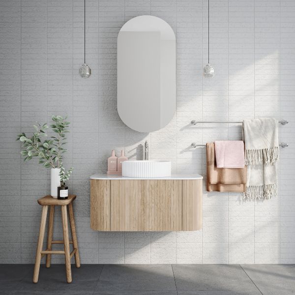 Ingrain Ash Woodgrain Pill Shaped Large Shaving Cabinet IGPMC500 in elegant feminine bathroom. Shop shaving cabinets online at The Blue Space