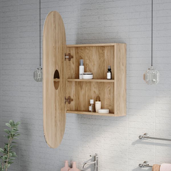 Ingrain Ash Woodgrain Pill Shaped Large Shaving Cabinet IGPMC500 with door open. Shop shaving cabinets online at The Blue Space