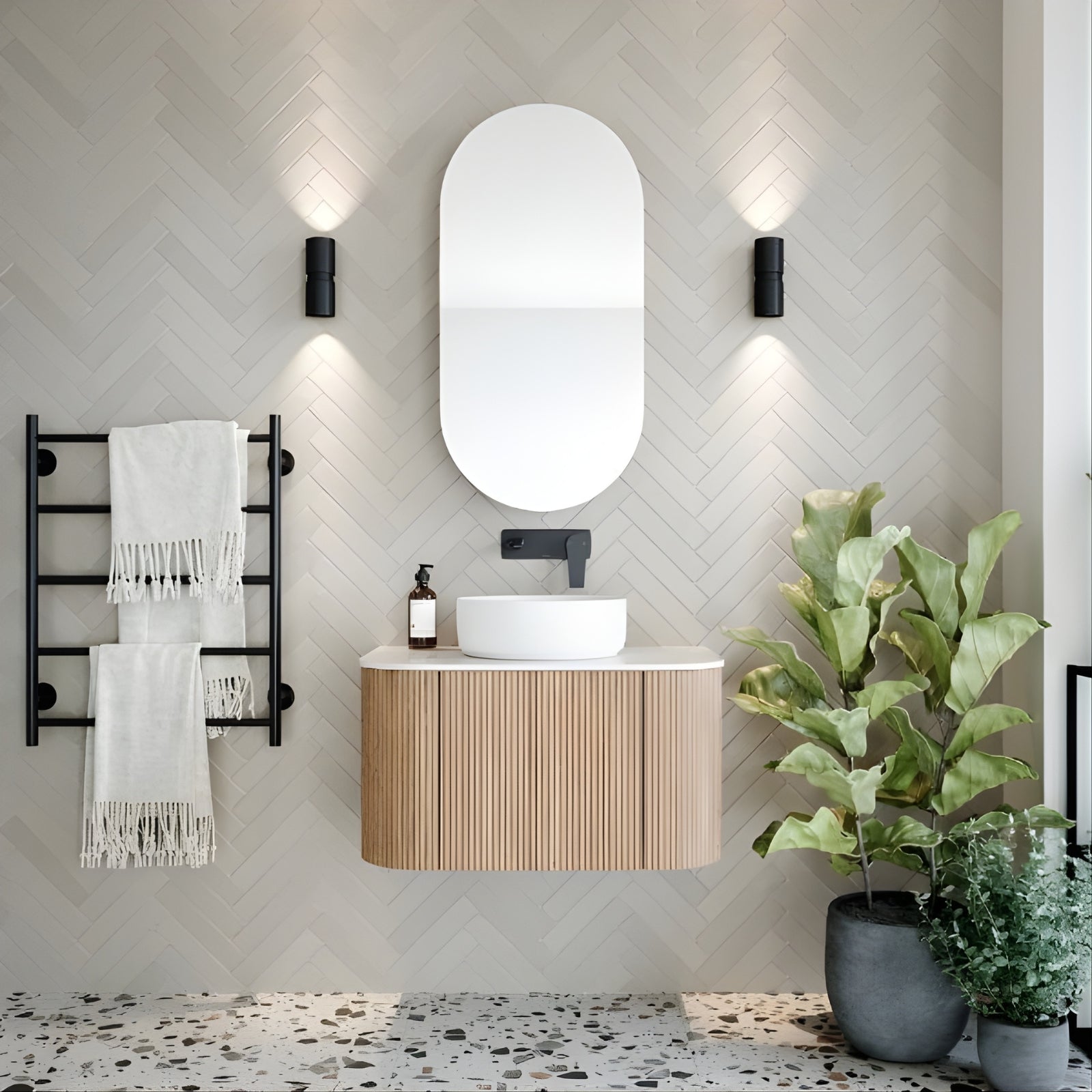 Eglo Passa GU10 Wall Light Natural White - Black with Ingrain Curved Fluted Vanity and Ingrain Pill Shaving Cabinet