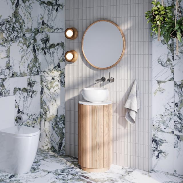 Ingrain Round 800mm Timber Framed Mirror with Ingrain Fluted Power Room Vanity and Caroma Urbane II Cleanflush Wall Faced Toilet Suite