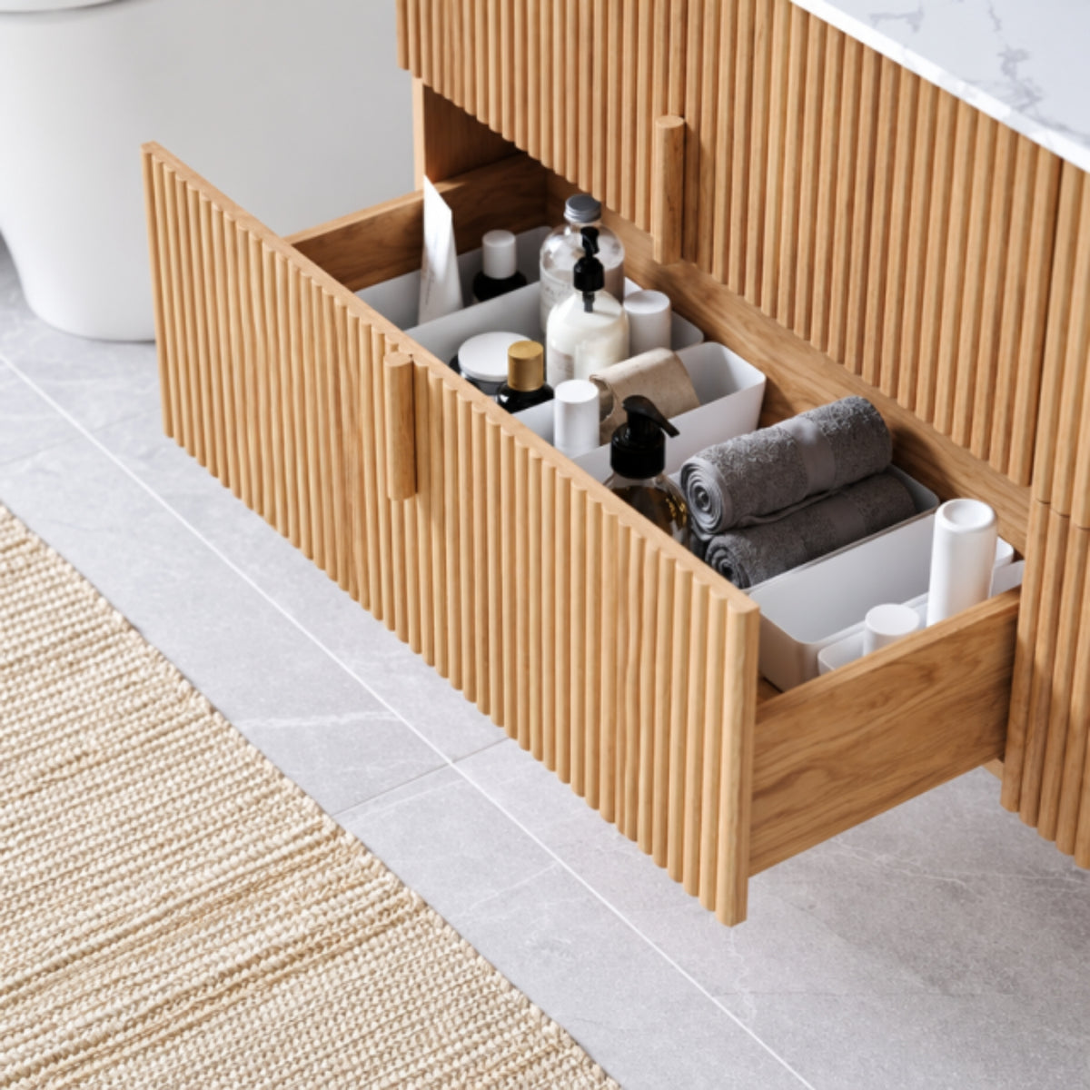 Ingrain Contoured Ash Wall Hung Vanity Drawer Open New