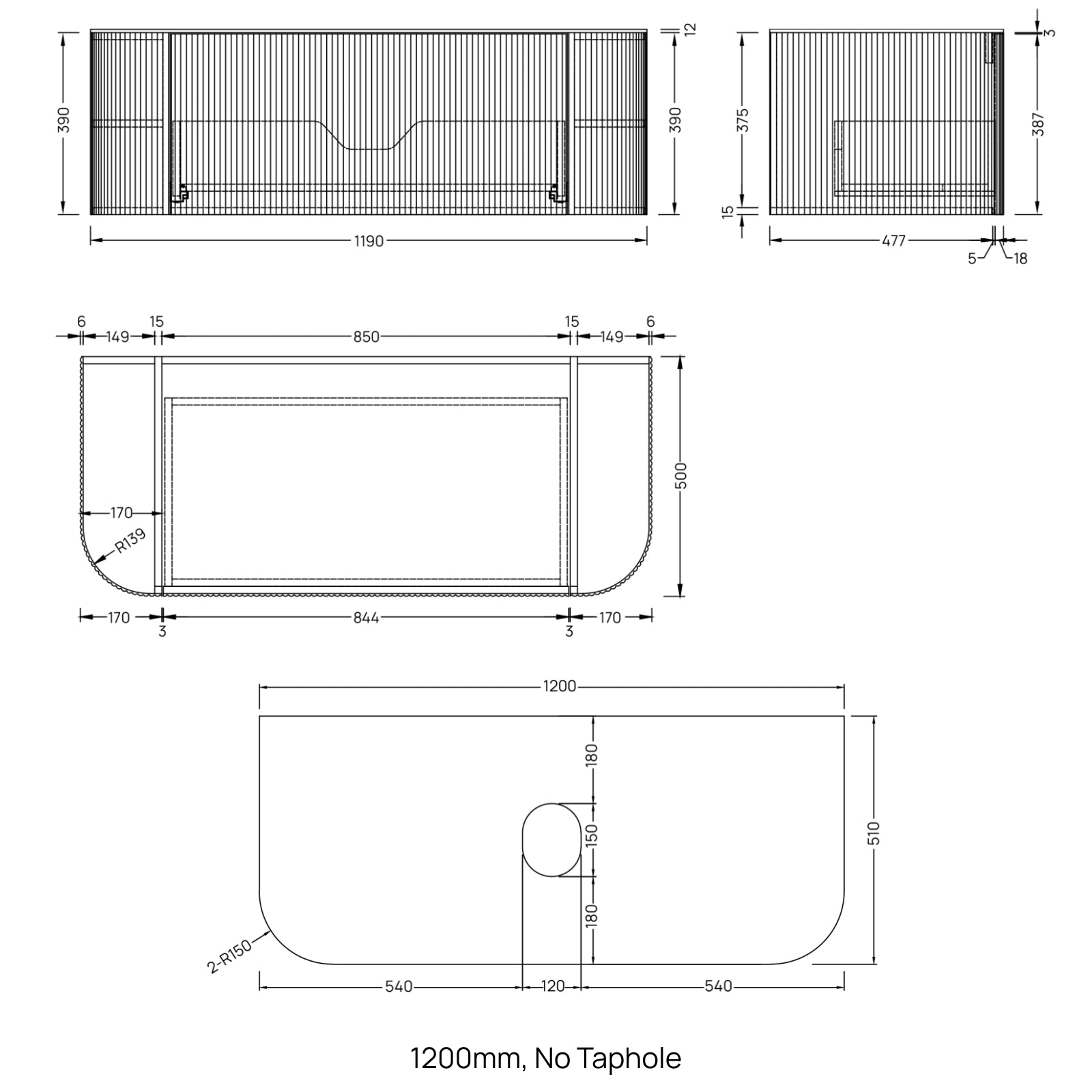 Ingrain Curved Fluted Wall Hung Vanity Dimensions 1200mm - The Blue Space