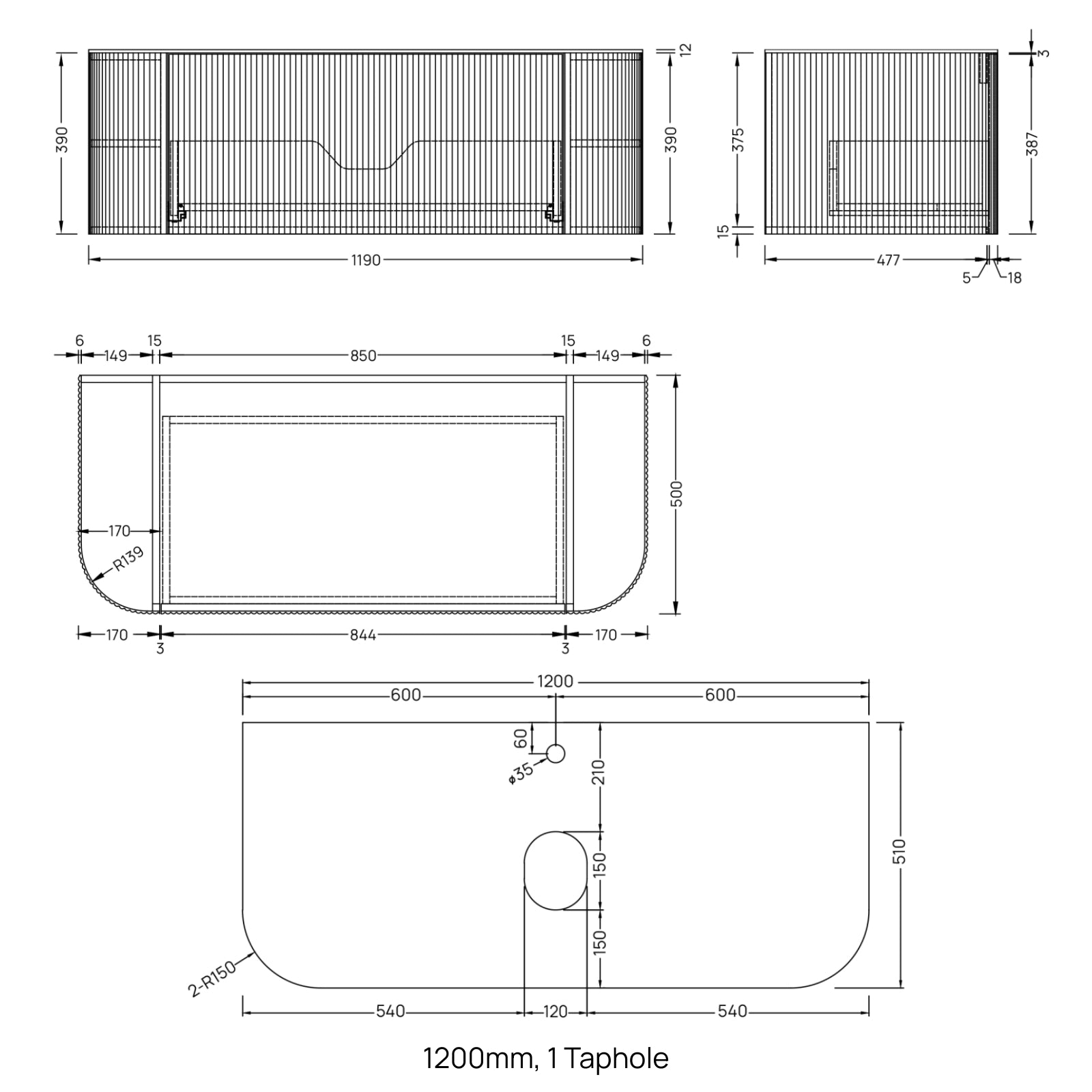 Ingrain Curved Fluted Wall Hung Vanity Dimensions 1200mm - The Blue Space
