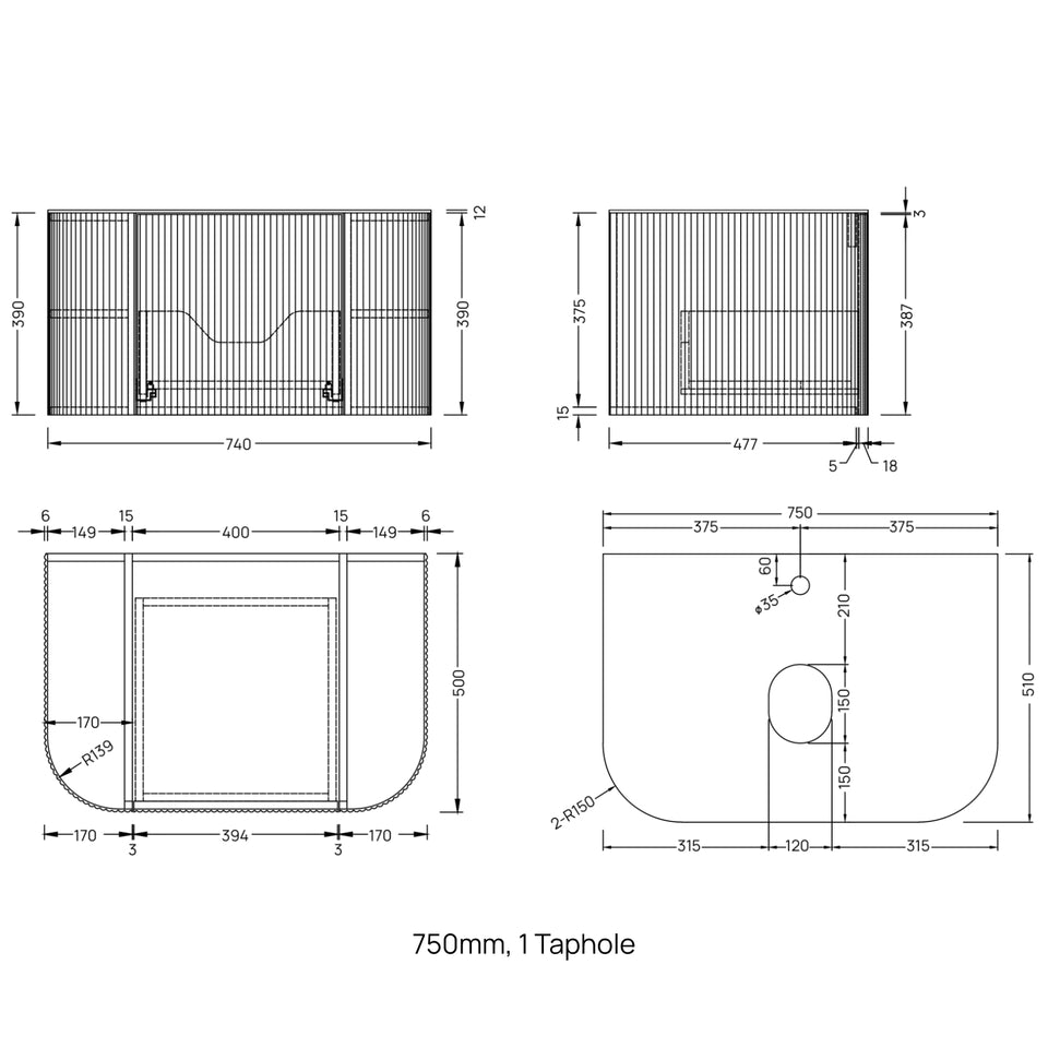 Ingrain Curved Fluted Wall Hung Vanity