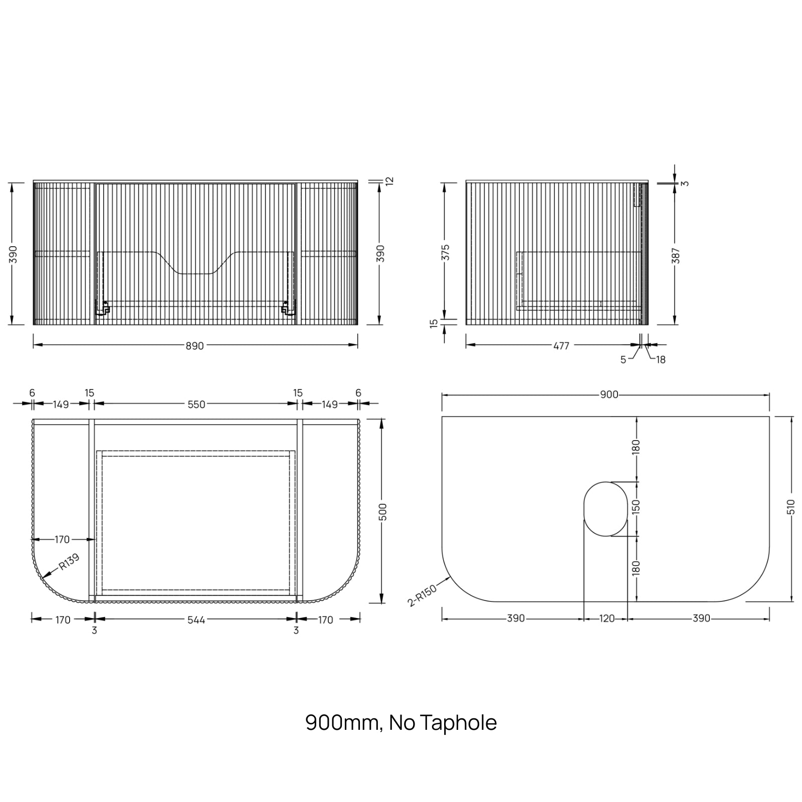 Ingrain Curved Fluted Wall Hung Vanity Dimensions 900mm - The Blue Space