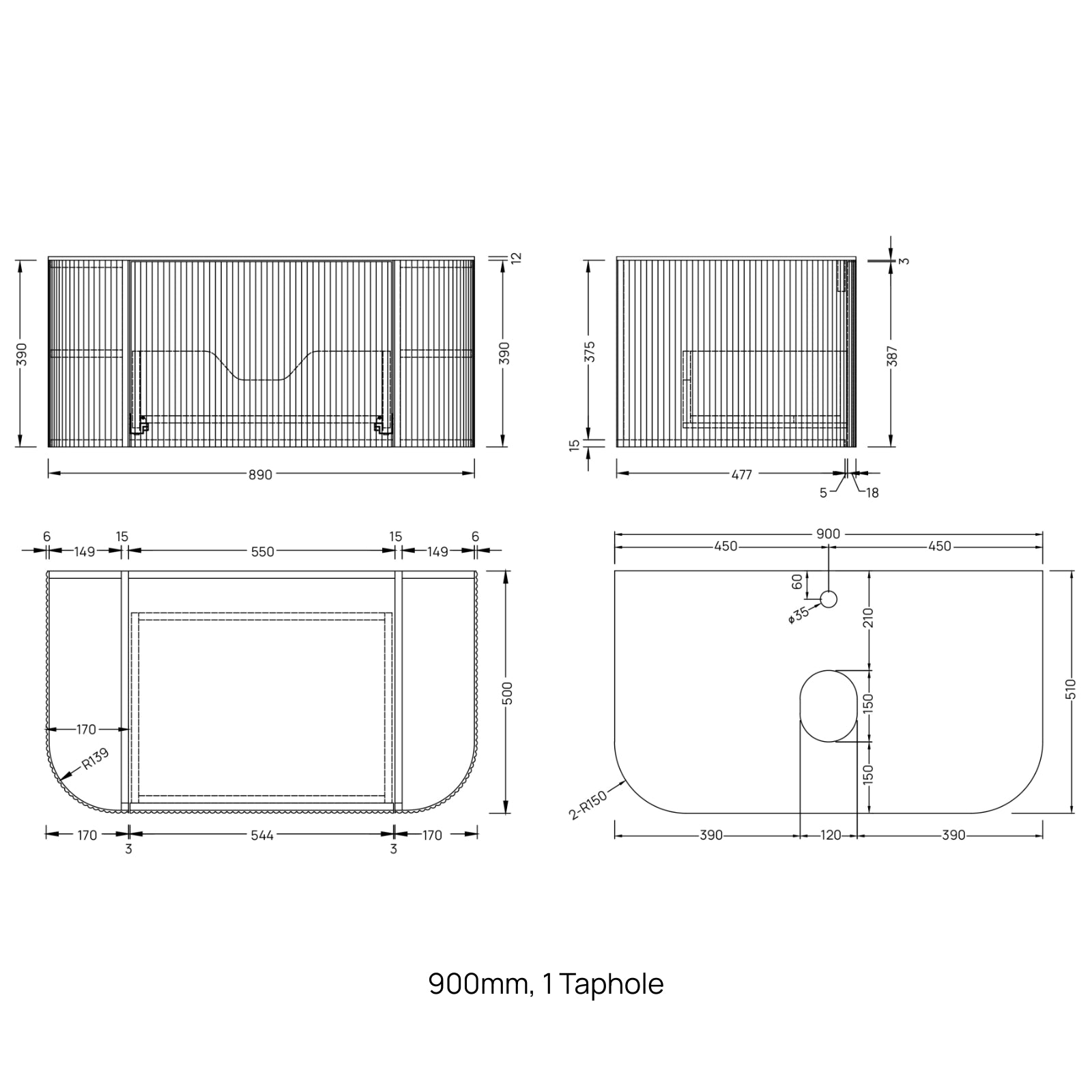 Ingrain Curved Fluted Wall Hung Vanity Dimensions 900mm - The Blue Space
