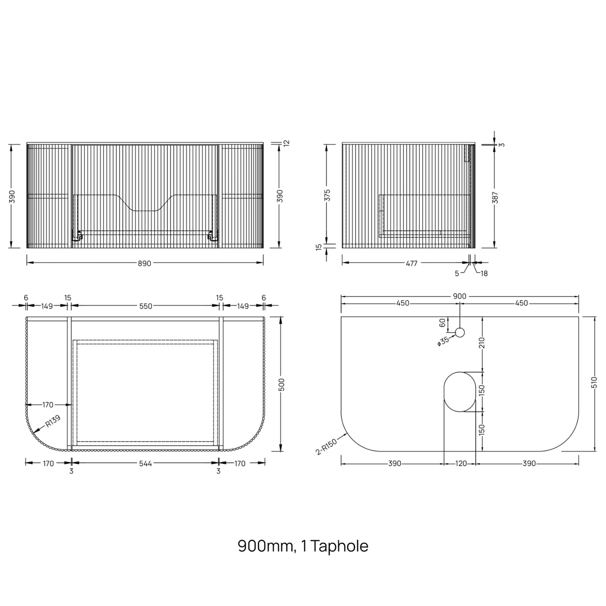 Ingrain Curved Fluted Wall Hung Vanity Dimensions 900mm - The Blue Space