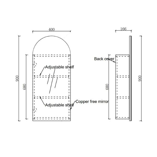 Ingrain Ash Arched 400 Shaving Cabinet line drawings - The Blue Space