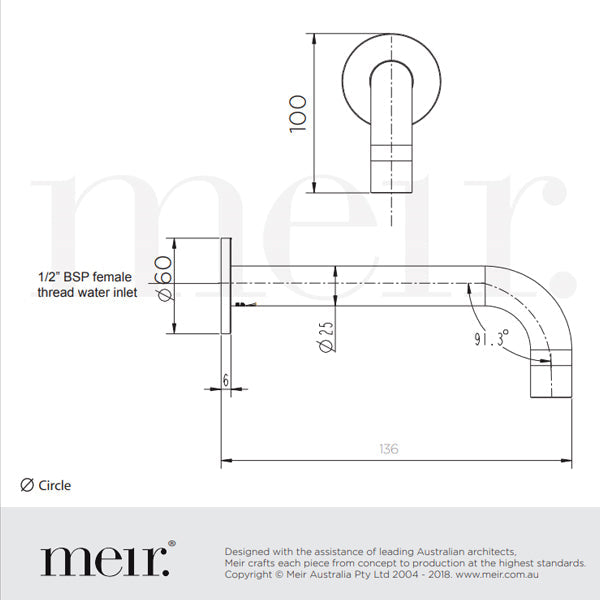 Technical Drawing - Meir Round Curved Spout 130mm - Tiger Bronze Gold