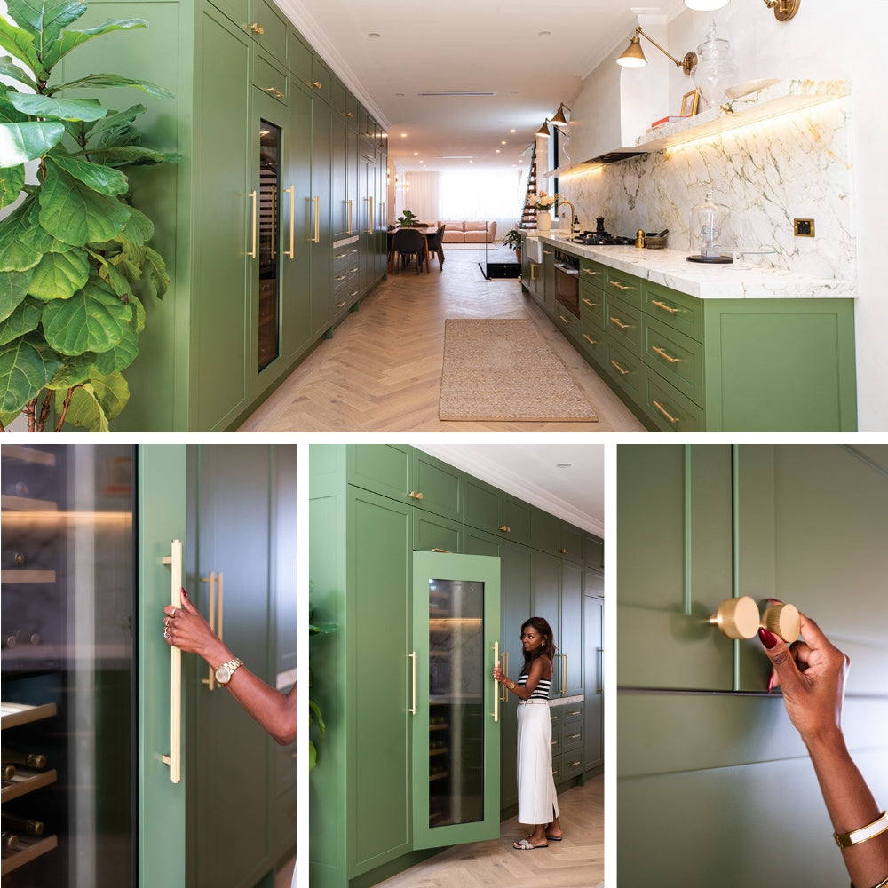 Momo Handles Bellevue Lined in Satin Brass in Green Kitchen - The Blue Space