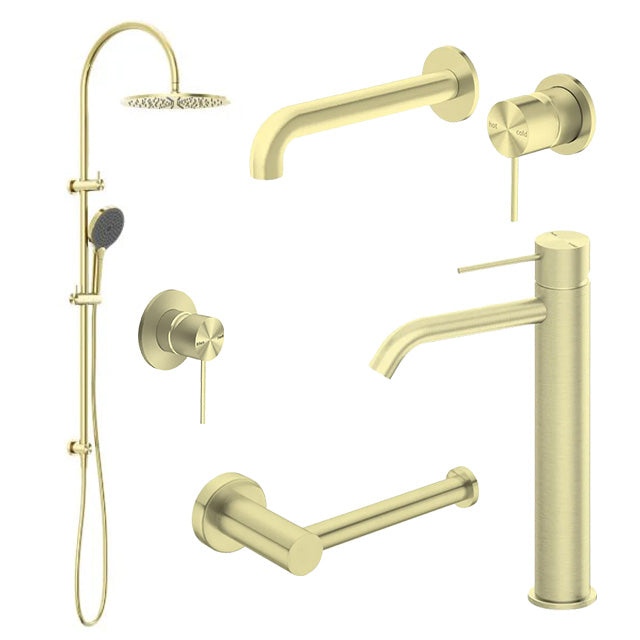Nero mecca Gold bathroom tapware set with shower head on a white background