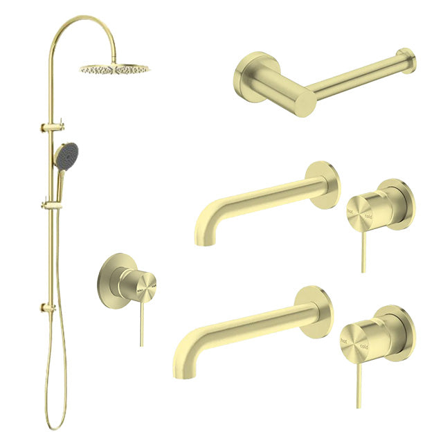 Mecca Gold bathroom tapware set with shower head on a white background