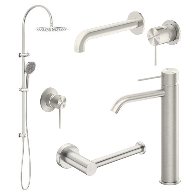 Set of brushed nickel nero mecca bathroom fixtures including a tap, shower head, and toilet roll holder on a white background.