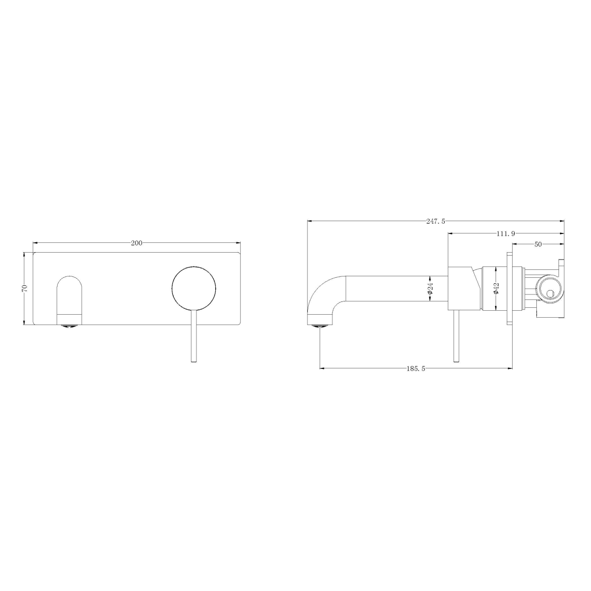 Technical Drawing: Nero Mecca Wall Basin Mixer 185mm Spout Brushed Gold