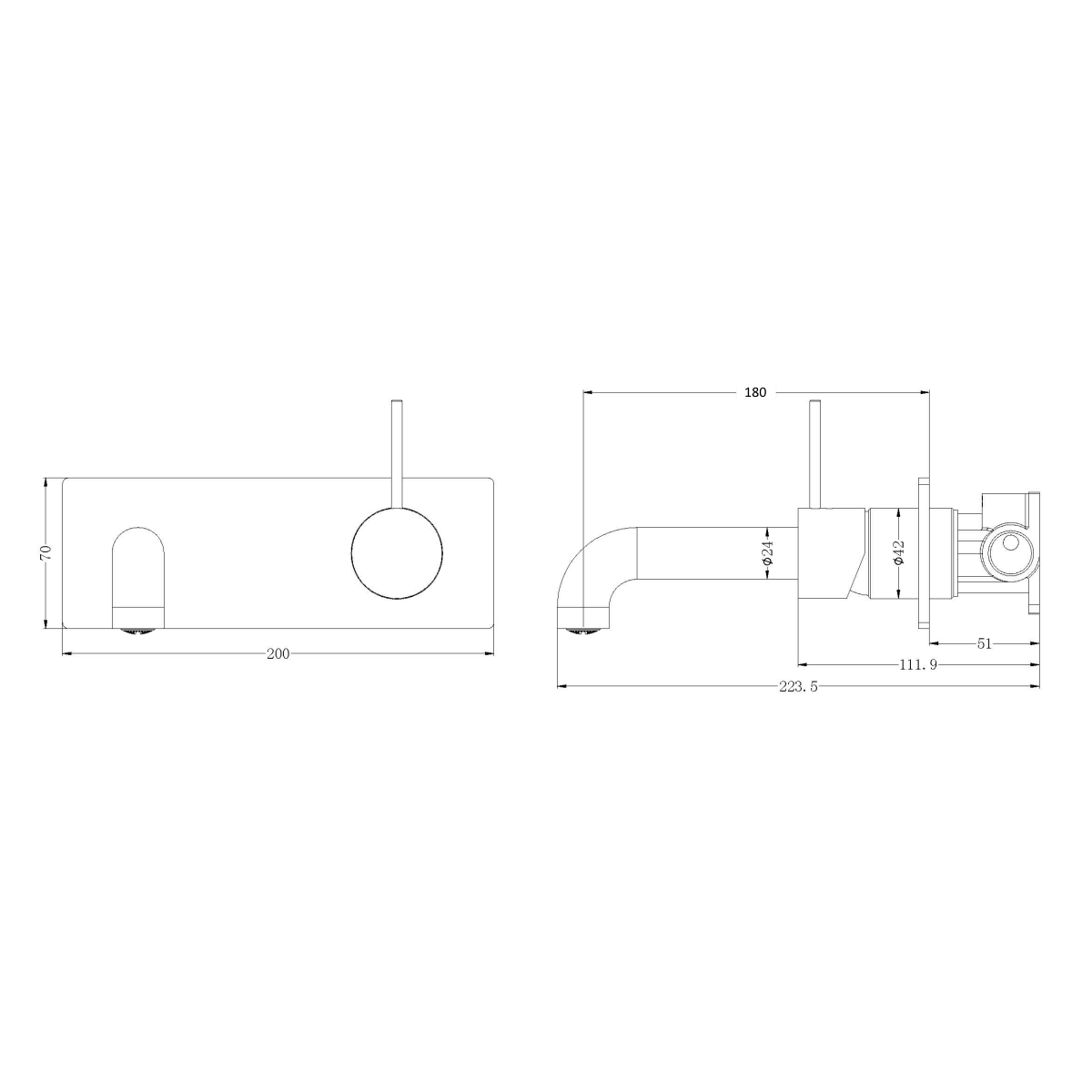 Technical Drawing: Nero Mecca Wall Basin Mixer Handle Up 185mm Spout Matte Black